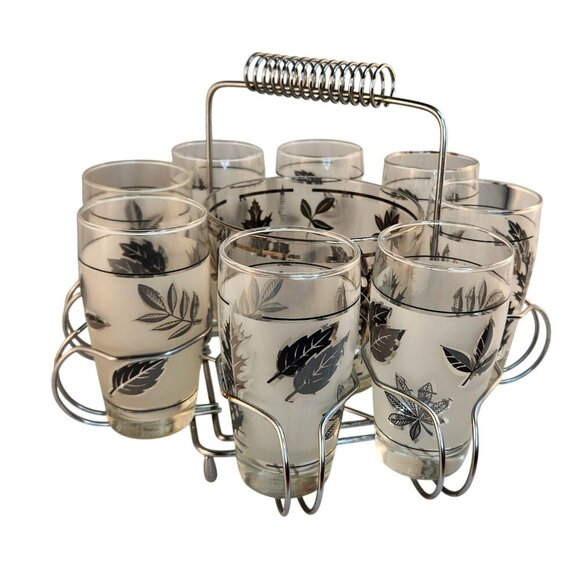 1960s Libbey Starlyte Mid Century Modern Frosted Silver Leaf Tumbler Glasses Wit - Picture 6 of 16